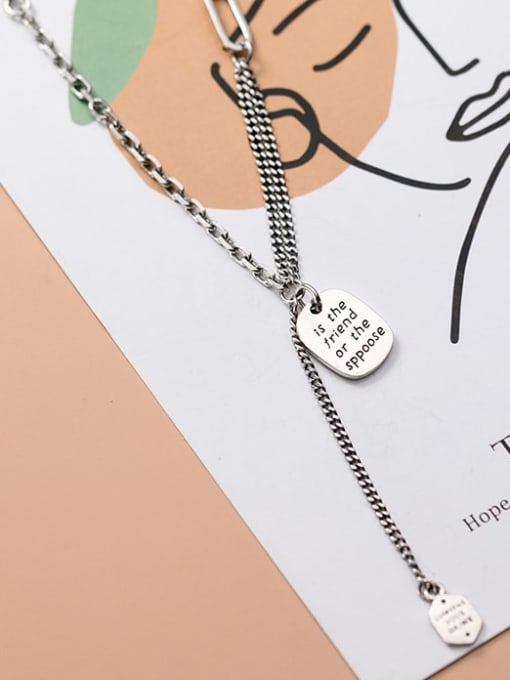 Rosh 925 Sterling Silver Vintage  Personality asymmetry multi-layer lettering square card  Necklace 1
