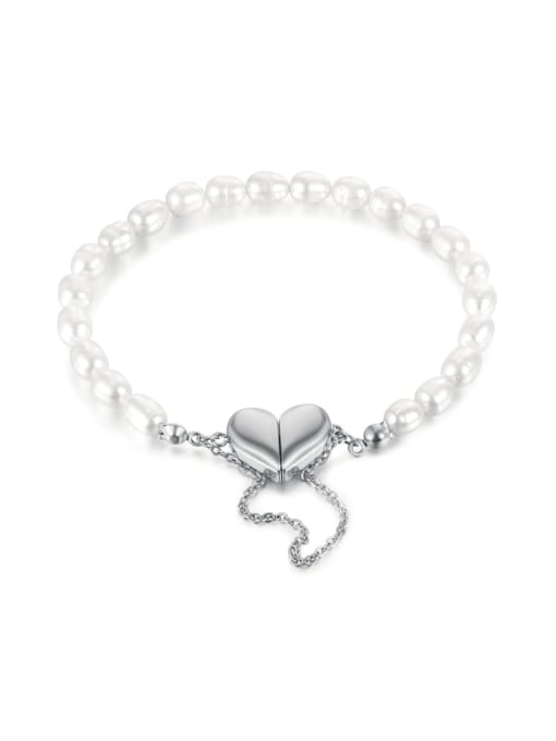 Open Sky Stainless steel Imitation Pearl Heart Minimalist Beaded Bracelet 0