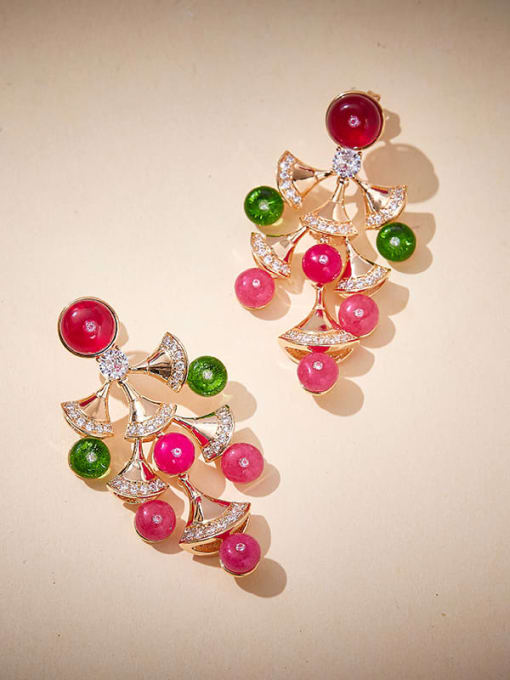 Colored Fan Brass Cubic Zirconia Irregular Fan Shape Luxury Cluster Earring
