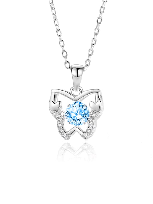 FDTD 040  Platinum+blue Zircon 925 Sterling Silver Moissanite Butterfly Dainty Necklace