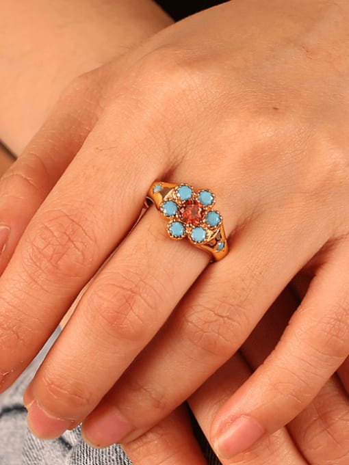 CHARME Brass Turquoise Flower Vintage Band Ring 1
