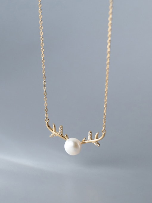 gold 925 Sterling Silver Imitation Pearl Deer Minimalist Necklace