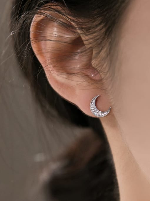 Rosh 925 Sterling Silver Cubic Zirconia Moon Cute Stud Earring 1