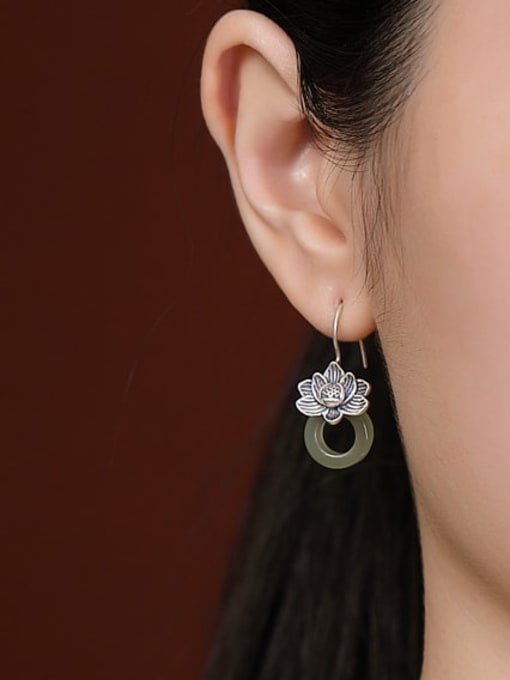 DEER 925 Sterling Silver Jade Flower Vintage Hook Earring 1