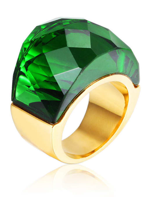 Gold Color, Green Titanium Steel Glass Stone Geometric Ring with waterproof