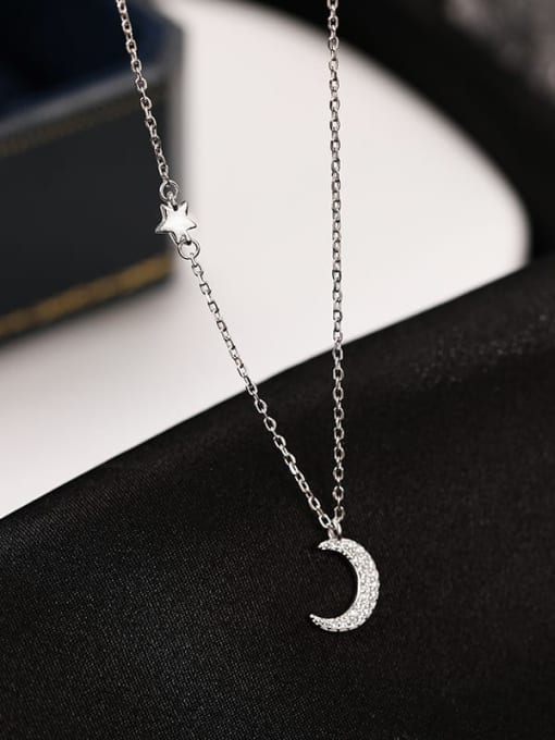 NS963 Platinum 925 Sterling Silver Cubic Zirconia Moon Minimalist Necklace