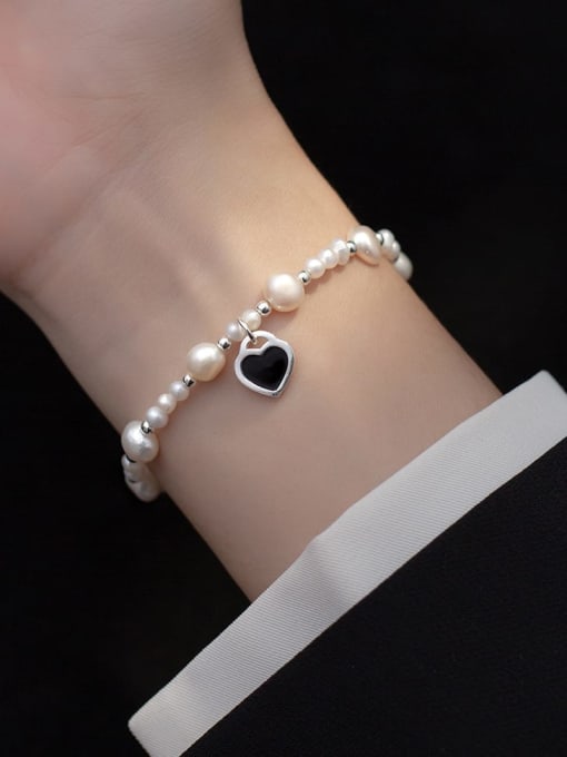 Rosh 925 Sterling Silver Imitation Pearl Heart Minimalist Beaded Bracelet 1