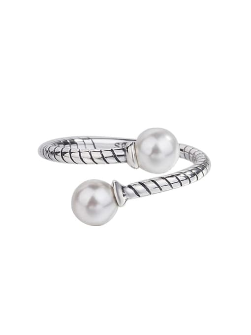 HAHN 925 Sterling Silver Imitation Pearl Geometric Vintage Band Ring 0