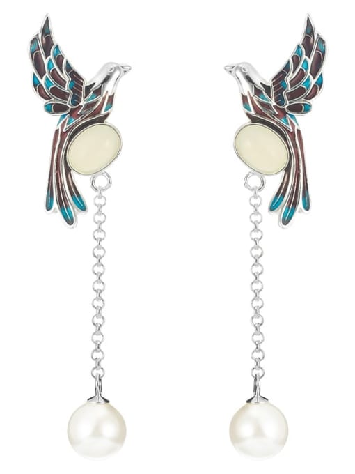 SILVER MI 925 Sterling Silver Imitation Pearl Bird Vintage Threader Earring