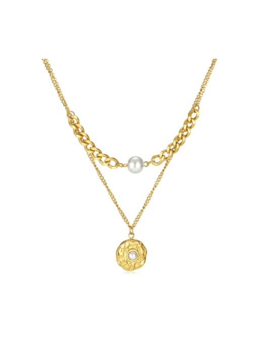 GX2383 Steel Necklace Gold Stainless steel Imitation Pearl Geometric Vintage Double Layer Chain Necklace