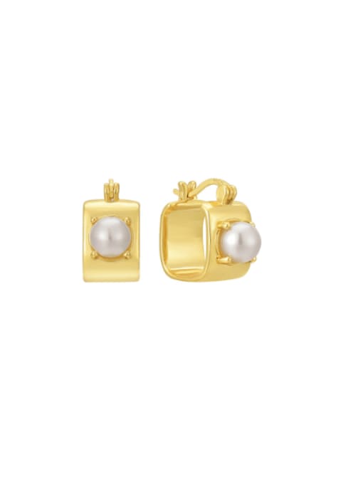 Gold Square Ring Bead Earrings Brass Imitation Pearl Geometric Minimalist Huggie Earring