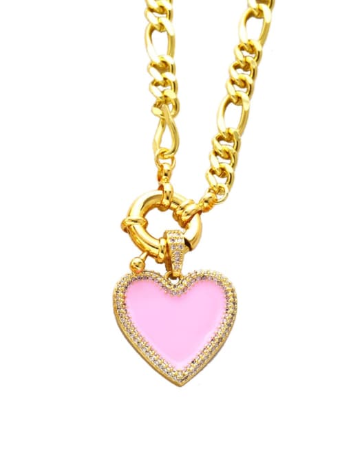 Pink Brass Cubic Zirconia Enamel Heart Vintage  Hollow Chain Necklace