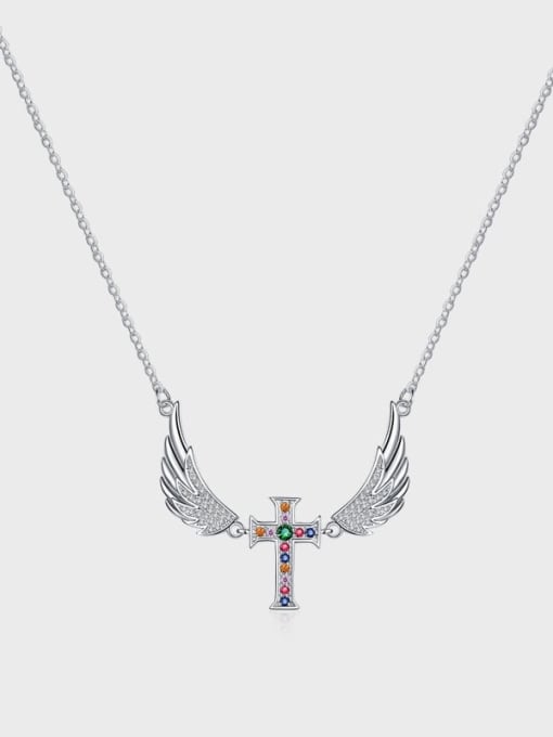 KDP-Silver 925 Sterling Silver Cubic Zirconia Wing Cross Vintage Necklace 0