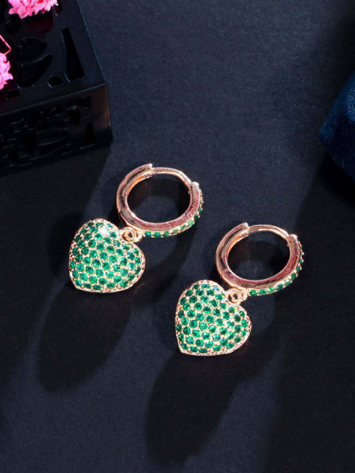 green Brass Cubic Zirconia Heart Luxury Huggie Earring