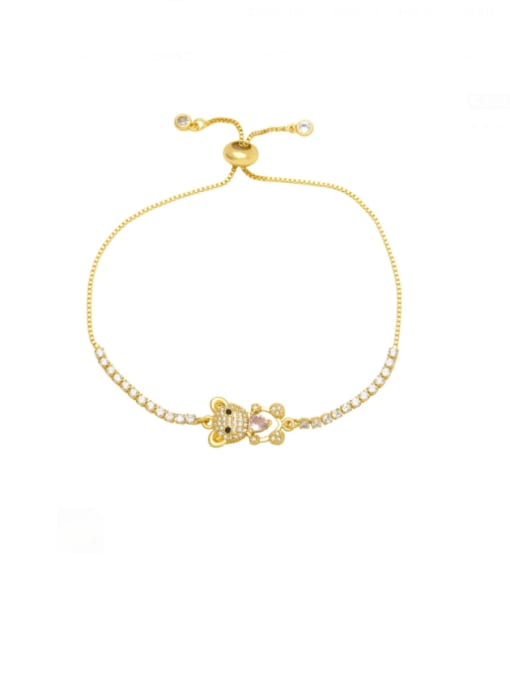 Pink Brass Glass Stone Bear Heart Cute Adjustable Bracelet