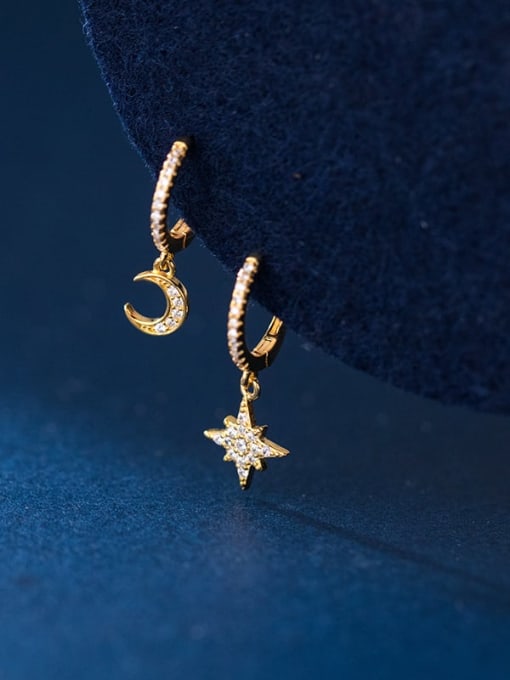 gold 925 Sterling Silver Cubic Zirconia  Asymmetry Star Moon Minimalist Huggie Earring