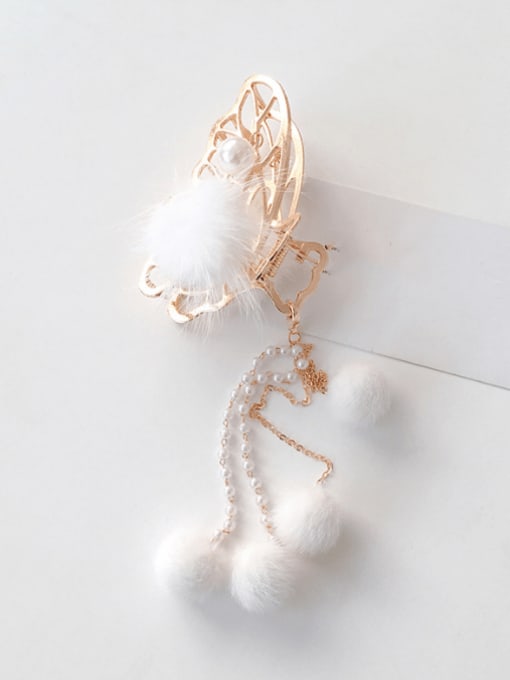 Gold 8cm Alloy  Hair Ball Hair Accessories Butterfly hairpin White fur ball tassel grabbing clip Jaw Hair Claw