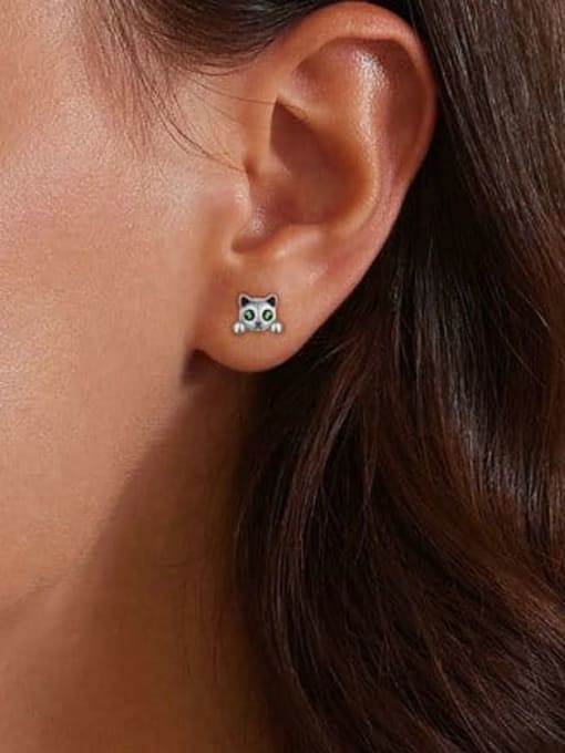 Jare 925 Sterling Silver Cubic Zirconia Cat Cute  Glow In The Dark Stud Earring 1