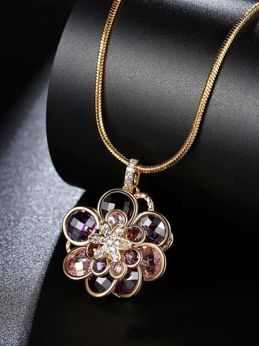 BLING SU Copper Cubic Zirconia  Vintage Multi Color Flower Pendant Necklace 3