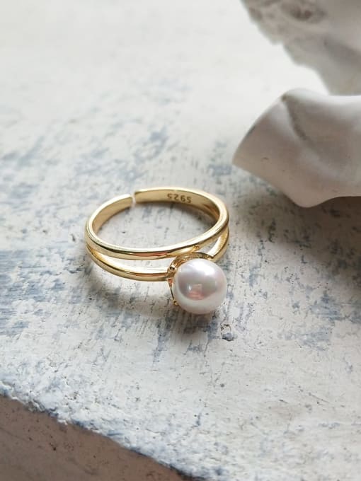 Boomer Cat 925 Sterling Silver Imitation Pearl Double Round Minimalist Free Size Ring