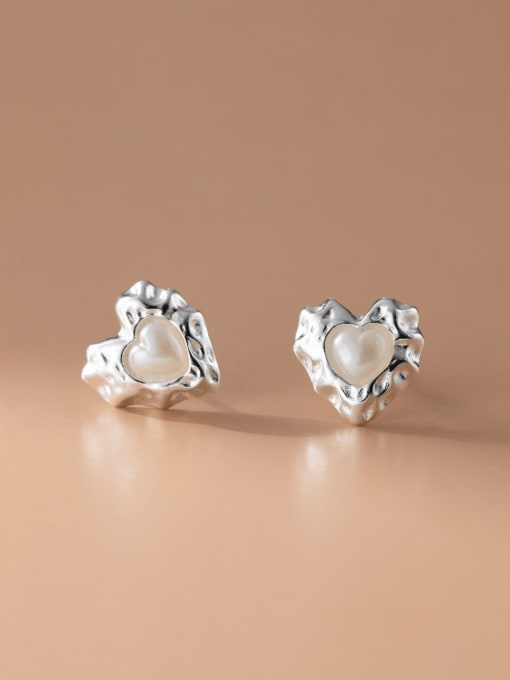silver 925 Sterling Silver Imitation Pearl Heart Dainty Stud Earring