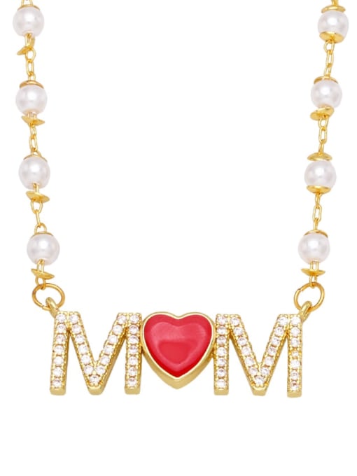 MOM Brass Cubic Zirconia Heart Vintage Letter Pendant Necklace