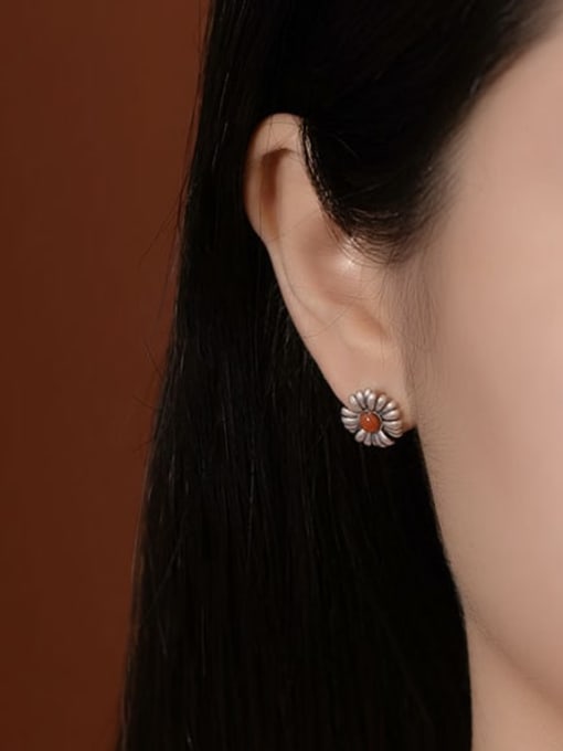 DEER 925 Sterling Silver Carnelian Flower Vintage Stud Earring 1
