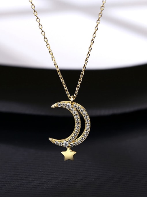 14K 14I10 925 Sterling Silver Cubic Zirconia Moon Dainty Necklace