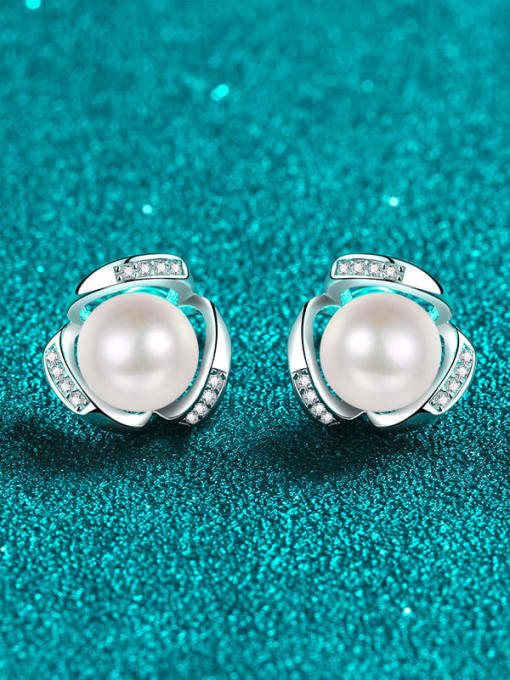 12 points Mosan 8mm pearl 925 Sterling Silver Moissanite Flower Classic Stud Earring