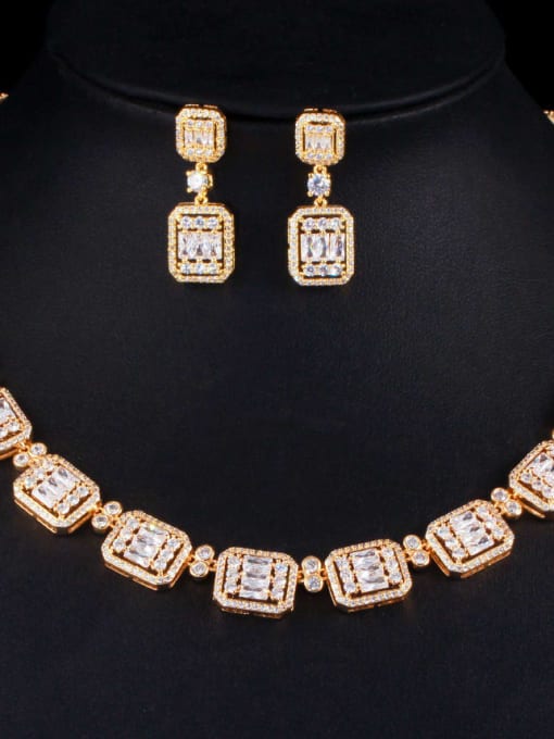 Gold Brass Cubic Zirconia Luxury Geometric Earring and Necklace Set