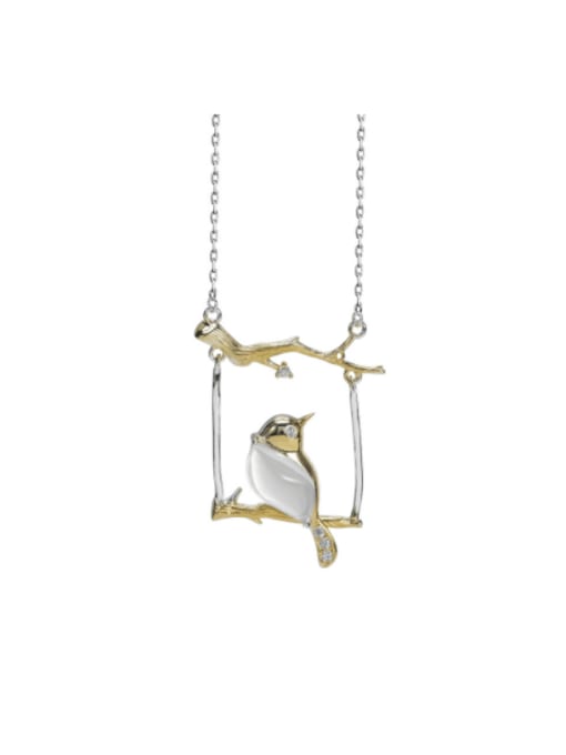 SILVER MI 925 Sterling Silver Lampwork Stone Bird Vintage Necklace