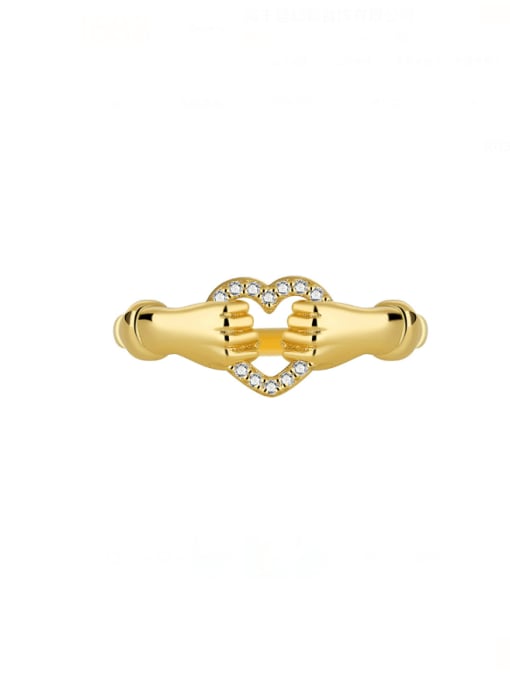 Gold Hand Holding Love Zircon Ring Brass Cubic Zirconia Heart Dainty Band Ring
