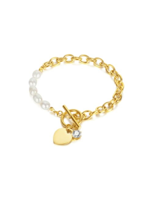 Open Sky Titanium Steel Imitation Pearl Heart Minimalist Link Bracelet