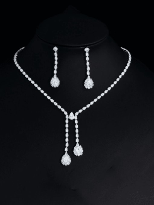 L.WIN Brass Cubic Zirconia Luxury Water Drop Earring and Necklace Set