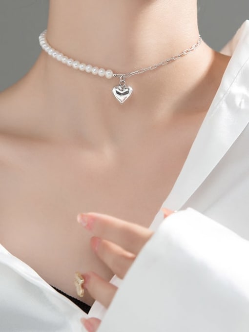 Rosh 925 Sterling Silver Imitation Pearl Heart Minimalist Necklace 1