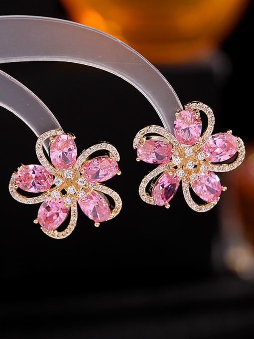 Pink Zircon Brass Cubic Zirconia Flower Dainty Stud Earring