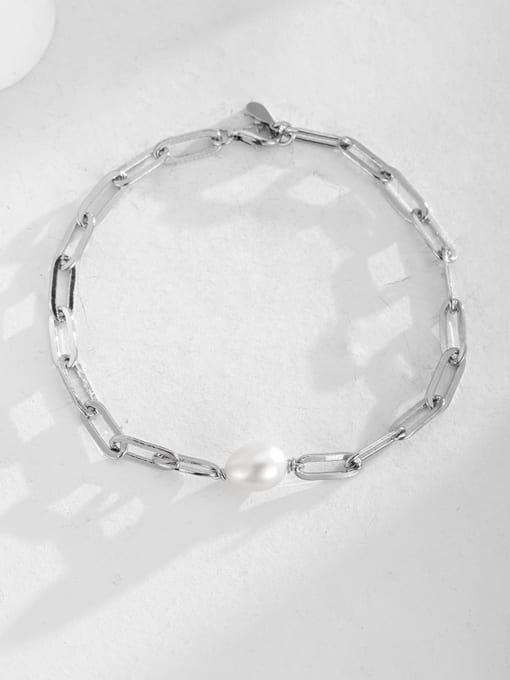 XBOX 925 Sterling Silver Imitation Pearl Geometric Minimalist Link Bracelet 2