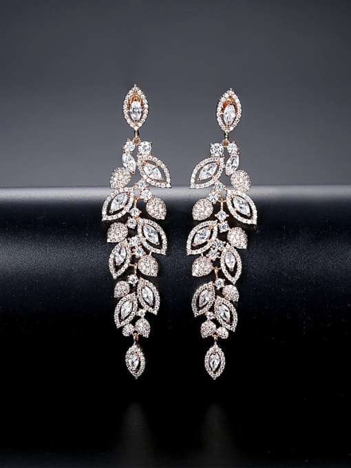 CL060 CG Brass Cubic Zirconia Leaf Statement Cluster Earring