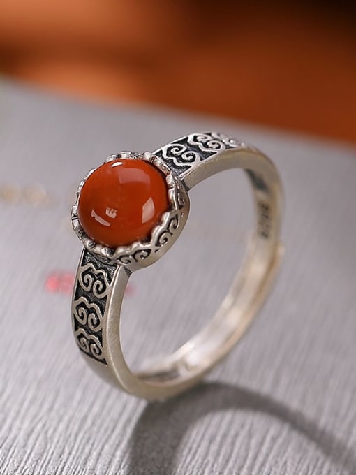 Silver 925 Sterling Silver Carnelian Geometric Vintage Band Ring