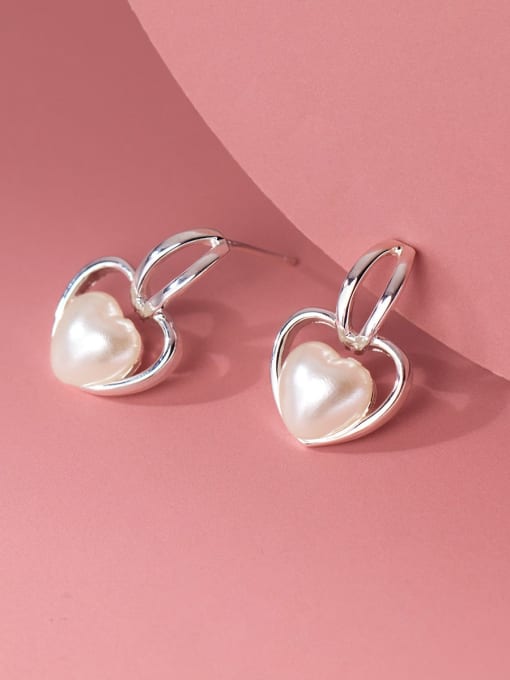 Rosh 925 Sterling Silver Imitation Pearl Heart Minimalist Drop Earring 0