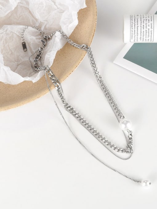 Open Sky Titanium Steel Imitation Pearl Tassel Artisan Multi Strand Necklace