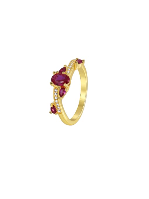 Gold Red Zircon Ring Brass Cubic Zirconia Geometric Minimalist Band Ring