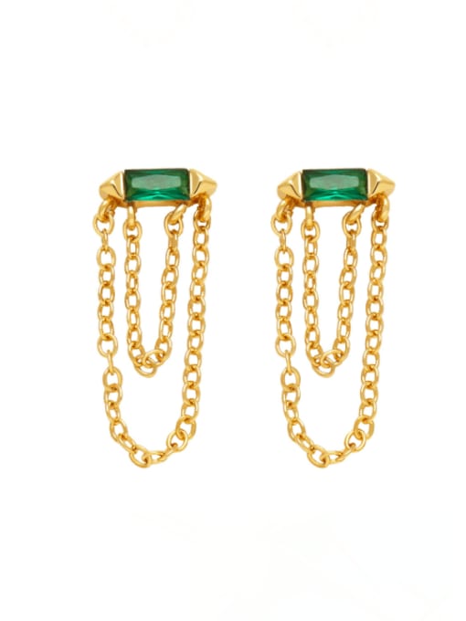 green Brass Glass Stone Tassel Minimalist Drop Earring