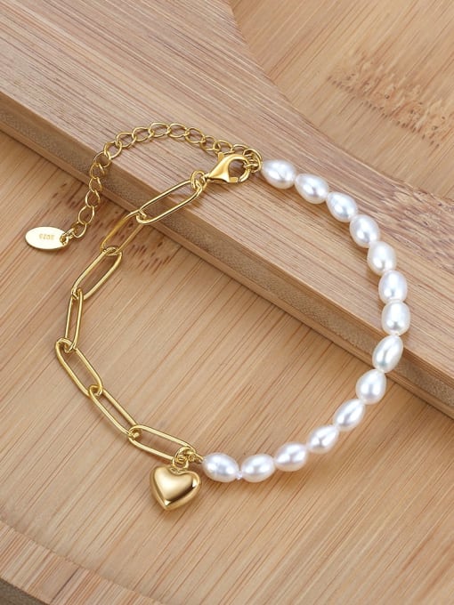 RINNTIN 925 Sterling Silver Freshwater Pearl Heart Minimalist Asymmetrical Chain Link Bracelet 2