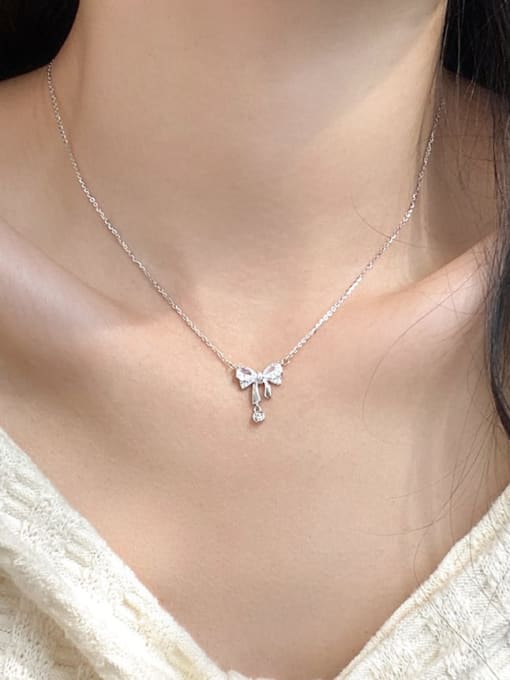 Rosh 925 Sterling Silver Cubic Zirconia Bowknot Dainty Necklace 1