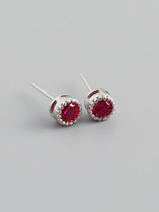Red stone (Platinum) plastic plug 925 Sterling Silver Cubic Zirconia Round Minimalist Stud Earring