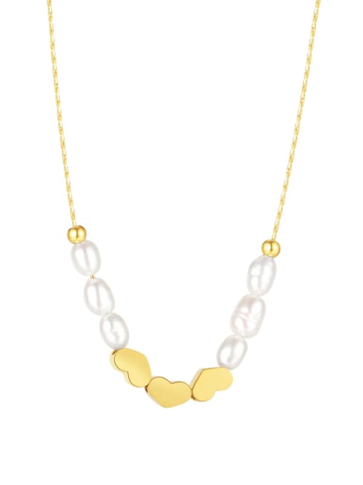2077 gold Titanium Steel Freshwater Pearl Heart Minimalist Necklace