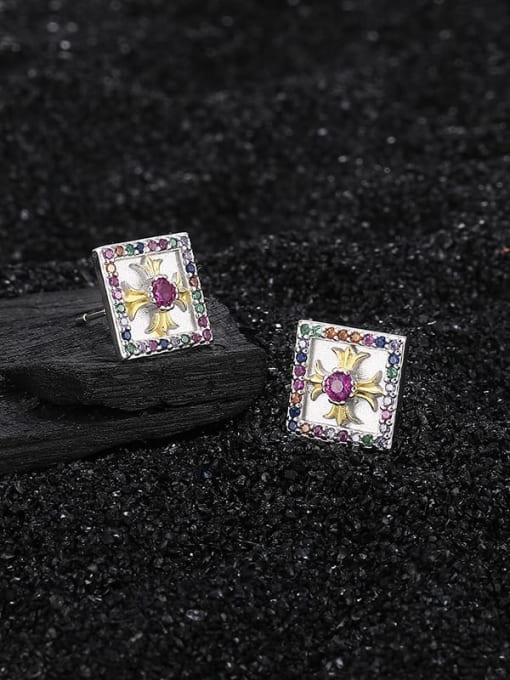 KDP-Silver 925 Sterling Silver Cubic Zirconia Square Vintage Stud Earring 2