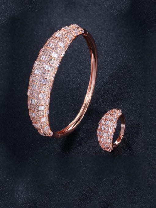 RRose Gold  US 9 Brass Cubic Zirconia Luxury Geometric  Ring and Bangle Set