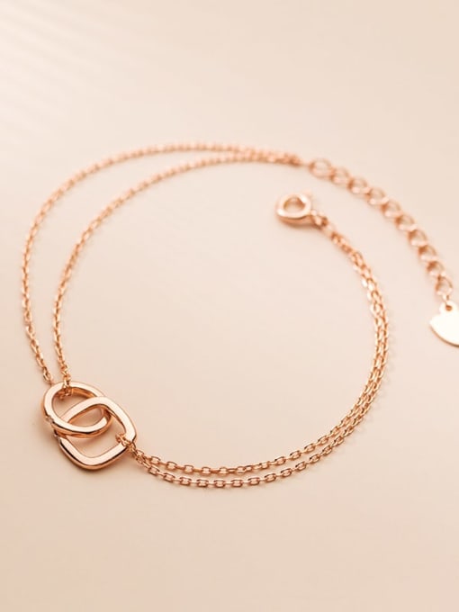 Rose Gold 925 Sterling Silver Double Round Square Minimalist Strand Bracelet